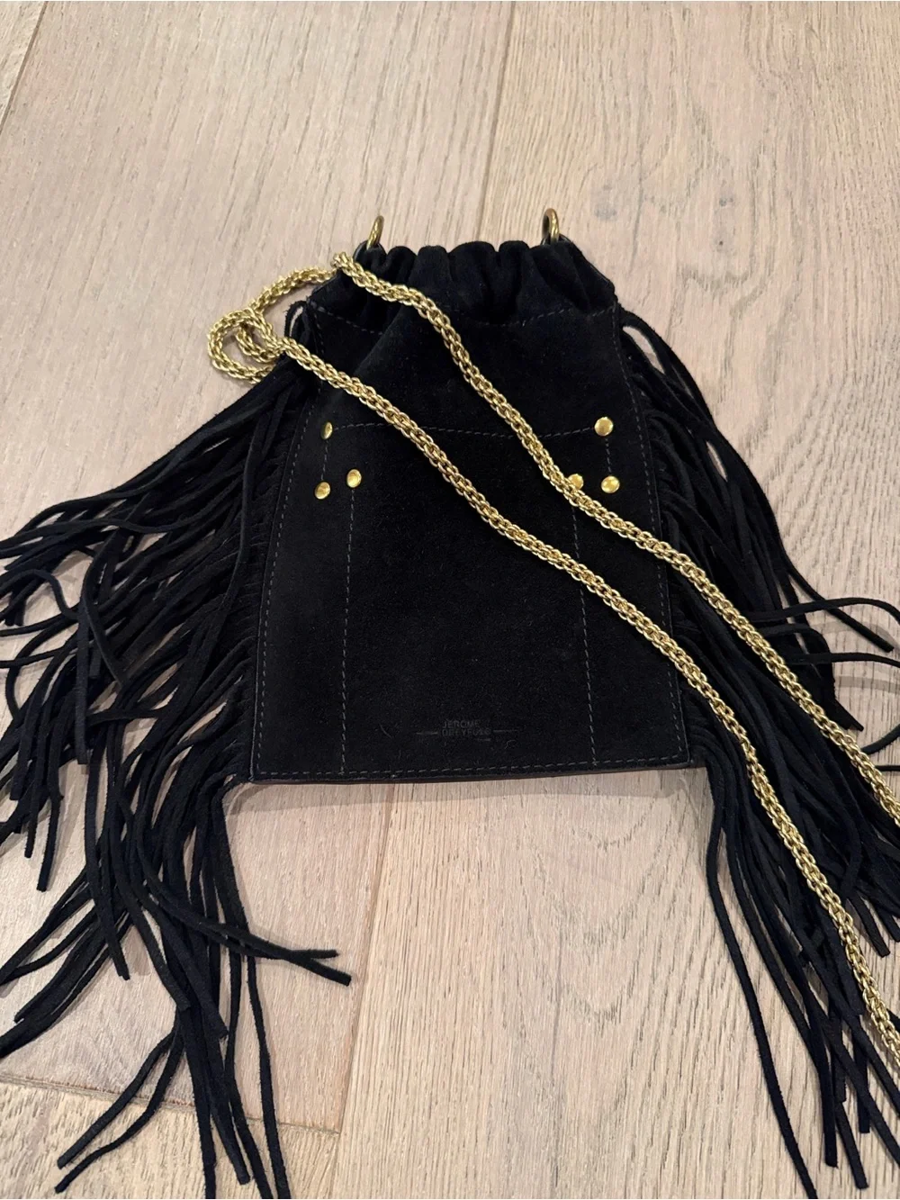 Jerome Dreyfuss Black Suede Fringe Crossbody Bag with Gold Chain